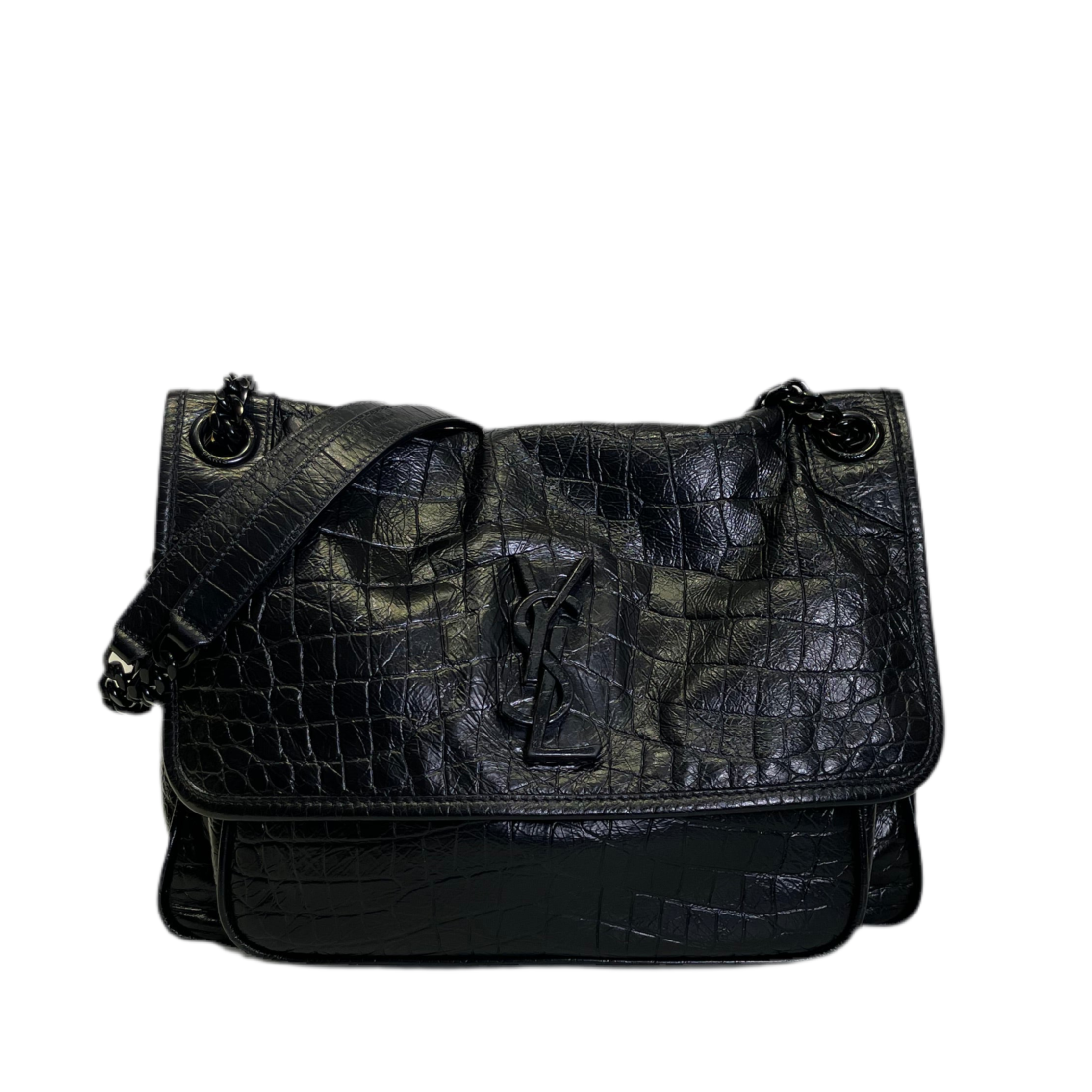 Yves Saint Laurent Tasche Niki Medium Leder Kroko Optik Schwarz