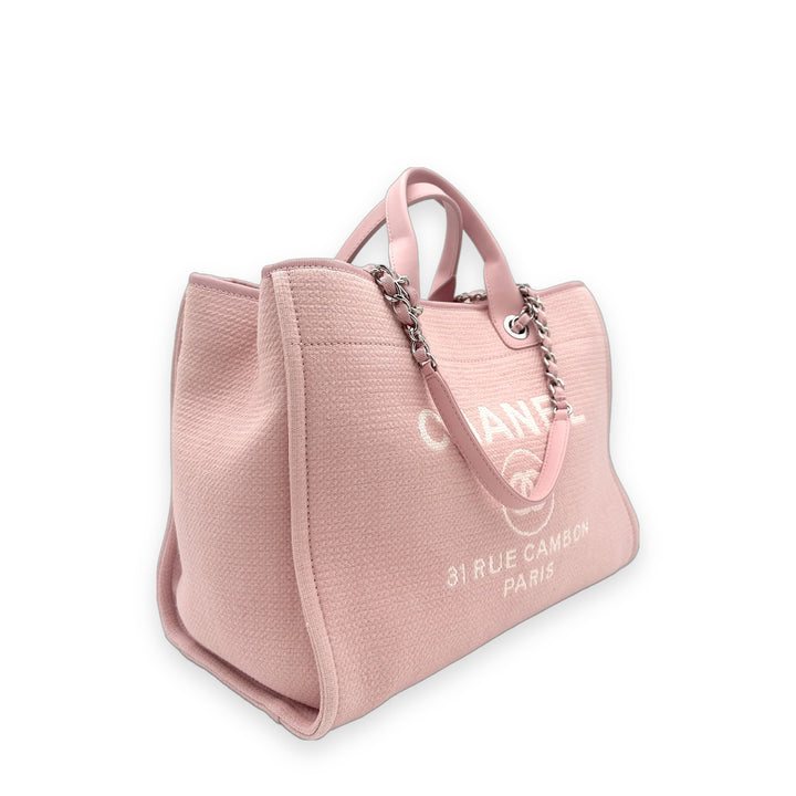Chanel Shoulder Deauville Tote Bag Medium Canvas Leder Pink mit Pochette Hardware Silber