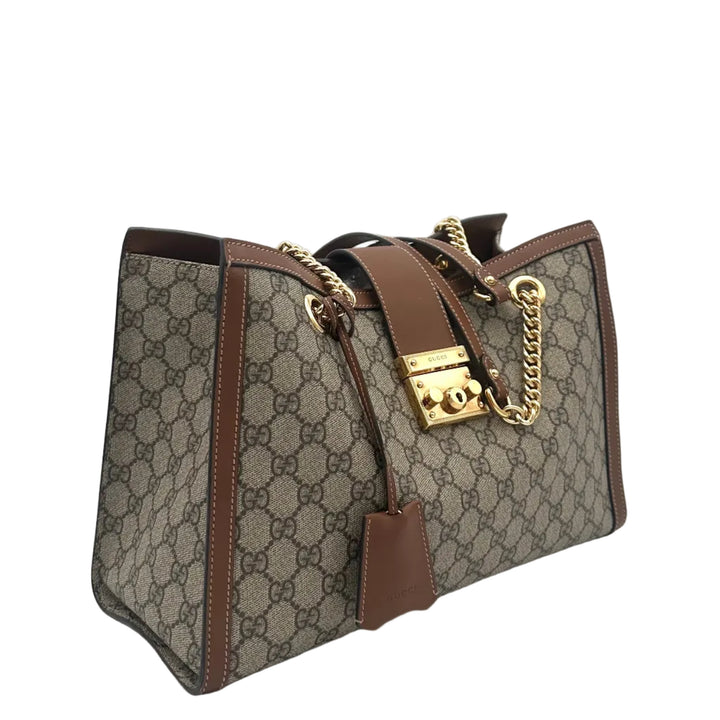 Gucci Tasche Padlock Medium Shoulder Bag Canvas Monogram Leder Cognac Schultergurt mit Goldkettendetail