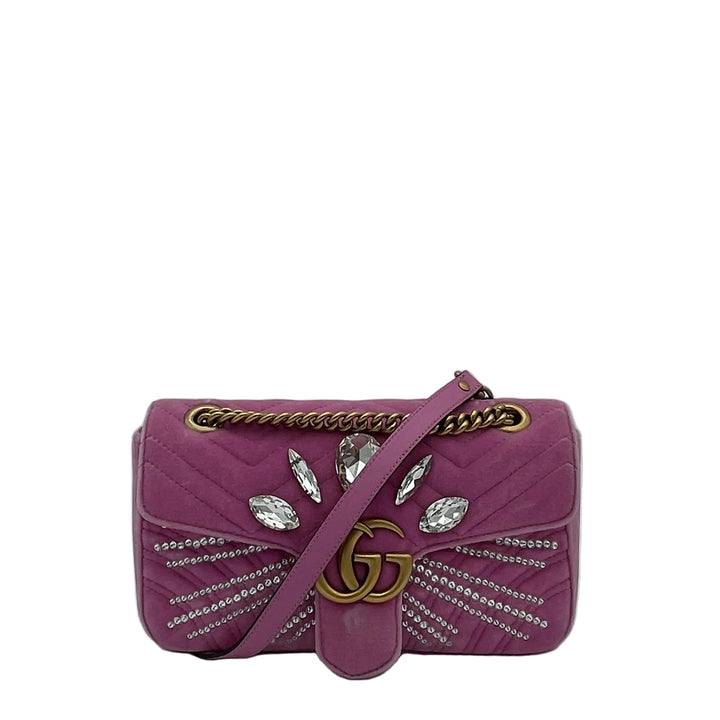 Gucci Tasche GG Marmont Chain Velour Samt Pink mit Straßsteinen weiß Hardware Bronze