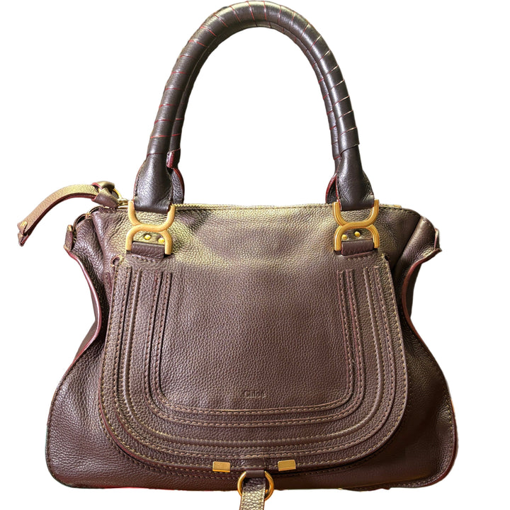 Chloe Tasche Marcie Leder braunrot gelbe Naht abgesetzt Gold HW Medium
