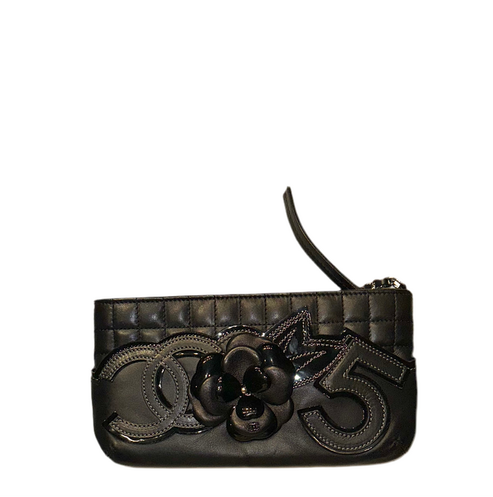 Chanel Black Camelia No. 5 Stab Cambon Leder Schwarz Hardware Silber