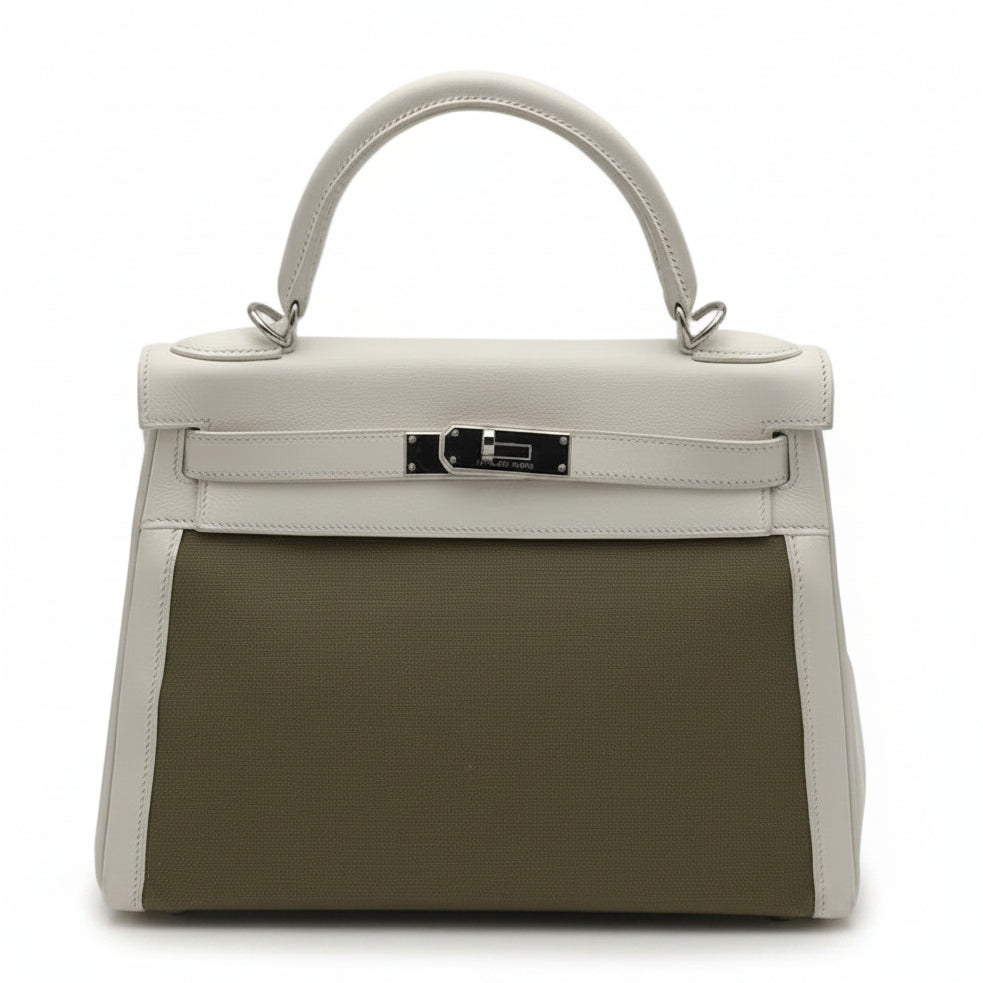 Hermes Kelly 28 Retourne Toile Gulliver Leder Weiß Canvas Vert Olive  Hardware Palladium