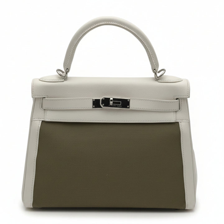 Hermes Kelly 28 Retourne Toile Gulliver Leder Weiß Canvas Vert Olive  Hardware Palladium