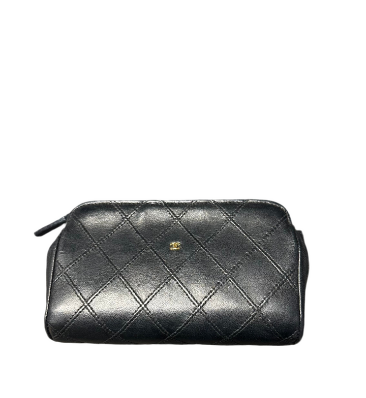 Chanel Geldbörse Lammnappa Leder schwarz gesteppt CC Logo Hardware Gold