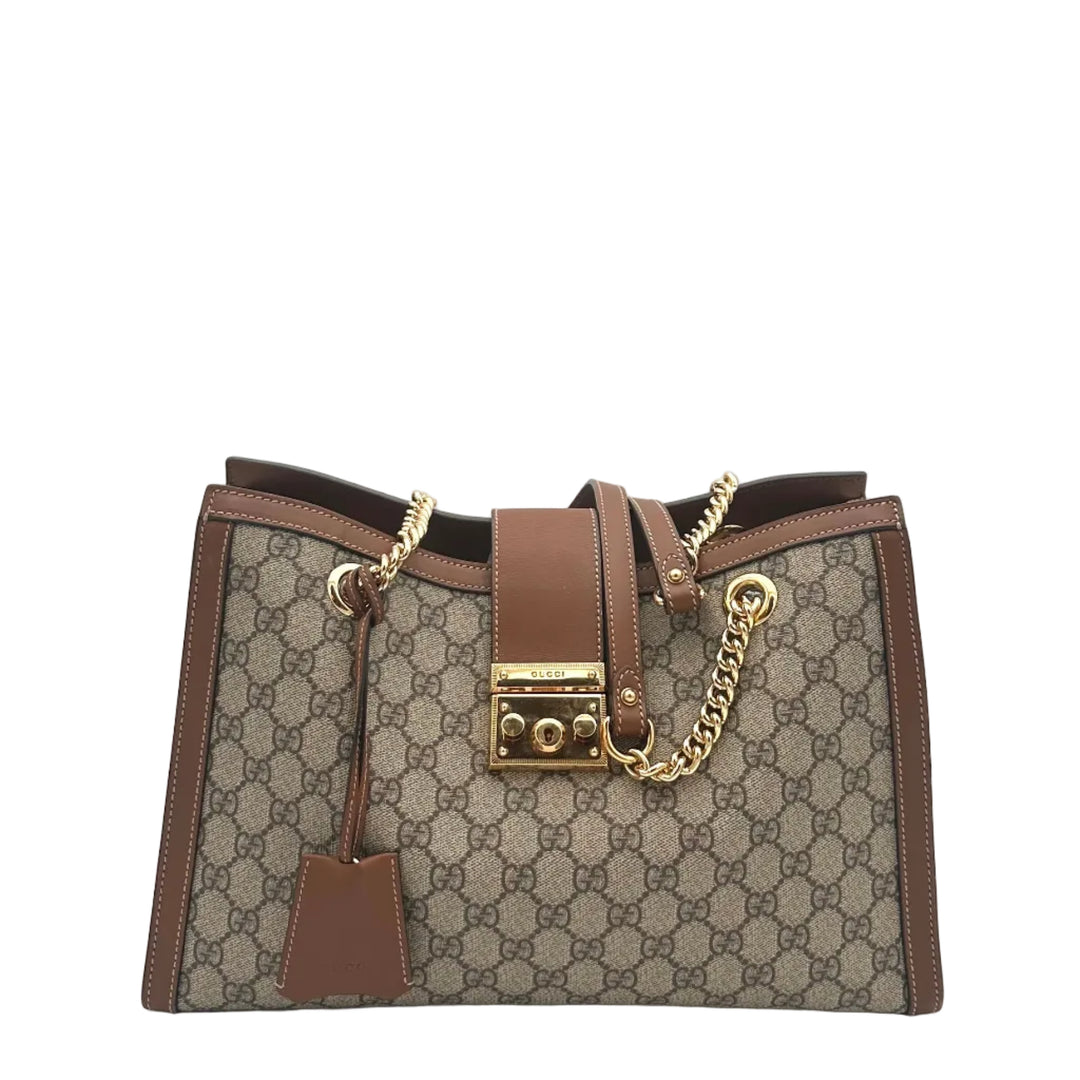 Gucci Tasche Padlock Medium Shoulder Bag Canvas Monogram Leder Cognac Schultergurt mit Goldkettendetail