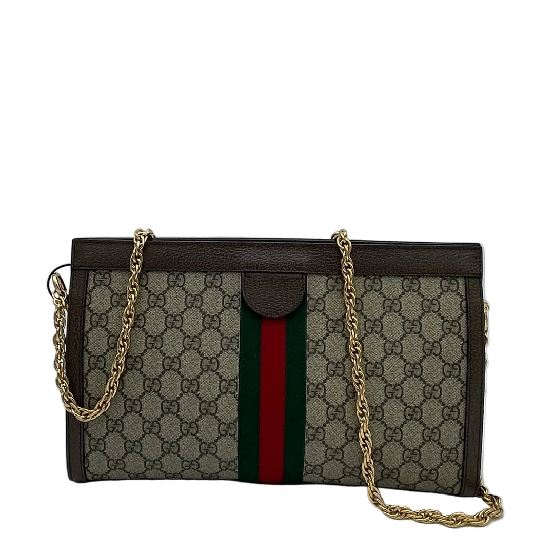 Gucci Tasche Ophidia Chain GG Supreme Canvas Monogram Leder Braun Band Rot/Grün mit Kettenriemen