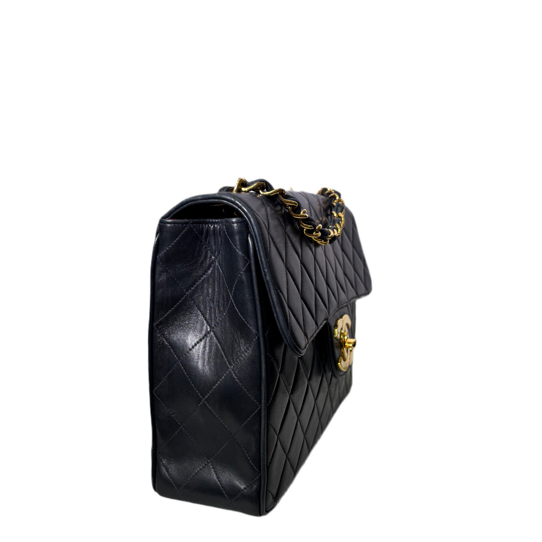 Chanel Tasche Classic Single Flap Vintage Jumbo Leder Dunkelblau Hardware Gold