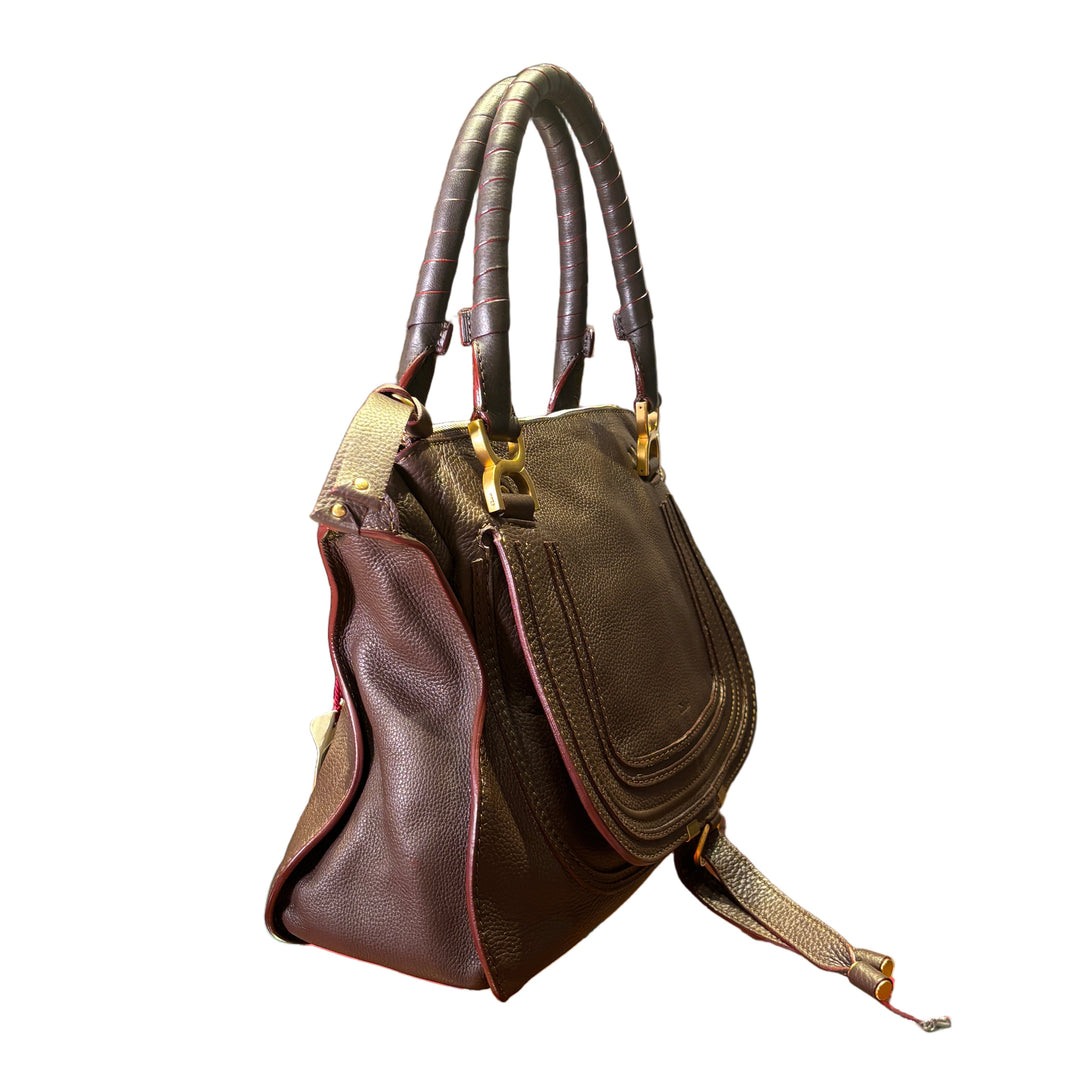 Chloe Tasche Marcie Leder braunrot gelbe Naht abgesetzt Gold HW Medium