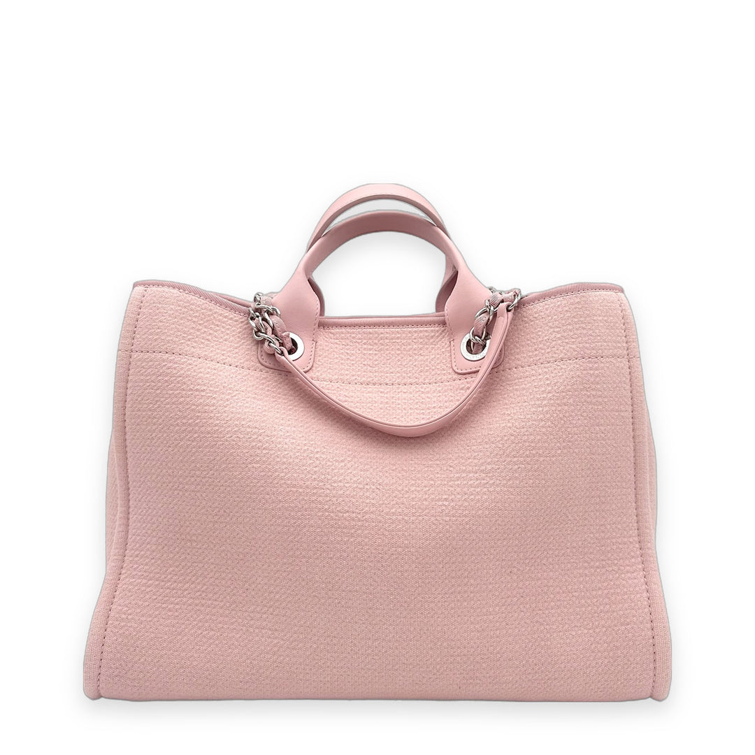 Chanel Shoulder Deauville Tote Bag Medium Canvas Leder Pink mit Pochette Hardware Silber