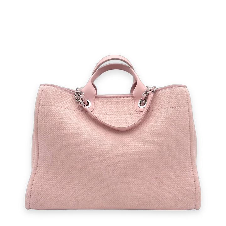 Chanel Shoulder Deauville Tote Bag Medium Canvas Leder Pink mit Pochette Hardware Silber