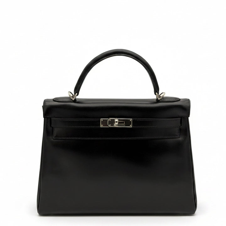 Hermes Kelly 32 Retourne Box Leder Schwarz Hardware Palladium