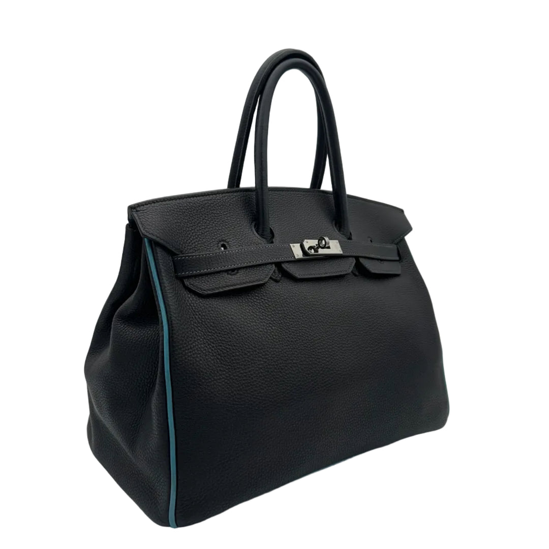 Hermes Bikin 35 Retourne Togo Leder Bleu Indigo Innen und Kanten Bleu Jean Hardware Palladium
