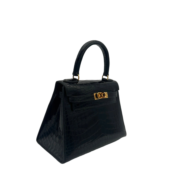 Hermes Kelly 20 Vintage Alligator Leder Schwarz Hardware Gold