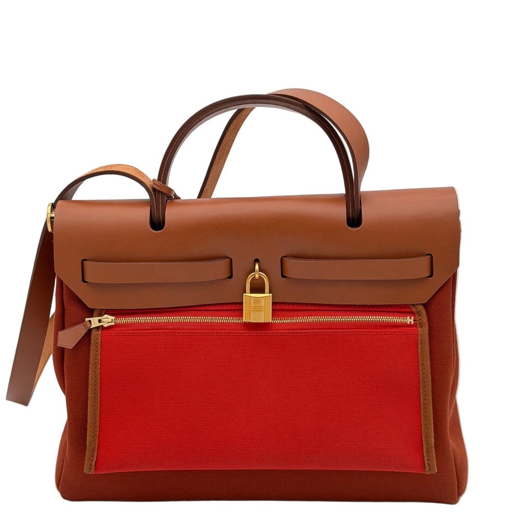 Hermes Herbag 31 ZIP Toile Vache Canvas Bi - Color Etrusque / Rot  Naturleder Hardware Gold