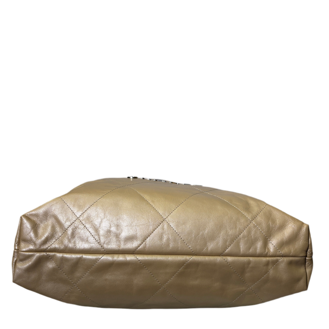 Chanel Tasche 22 Leder Beige Metallic Hardware Eisgold mit Pochette