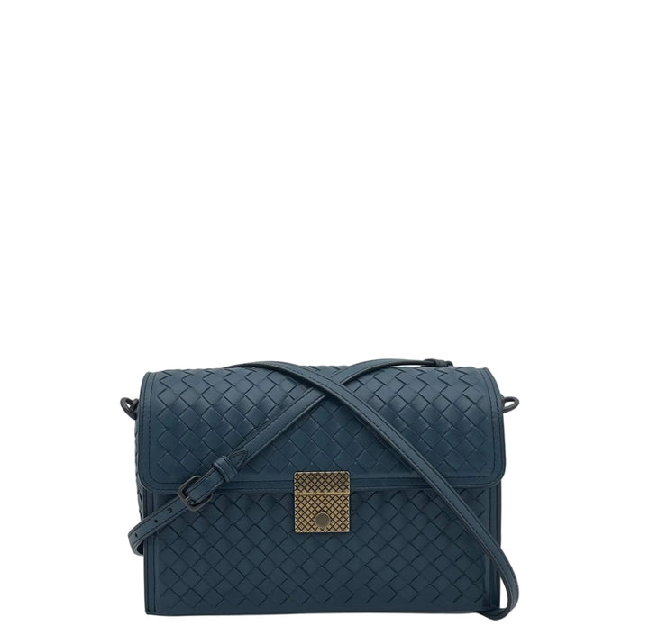 Bottega Veneta Tasche Pad Lock Bag Small Leder Blau Geflochten Hardware Gold Eloxiert mit Schultergurt