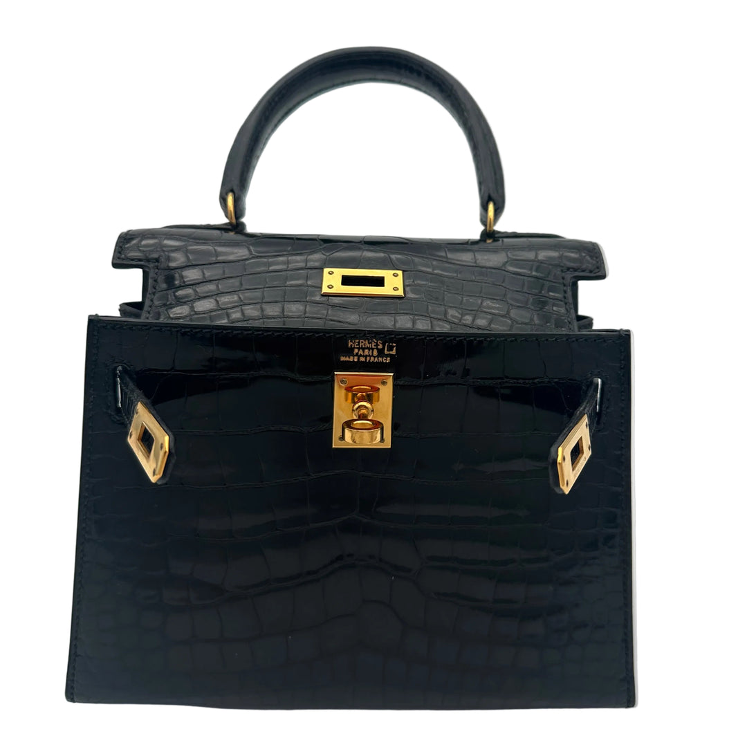 Hermes Kelly 20 Vintage Alligator Leder Schwarz Hardware Gold