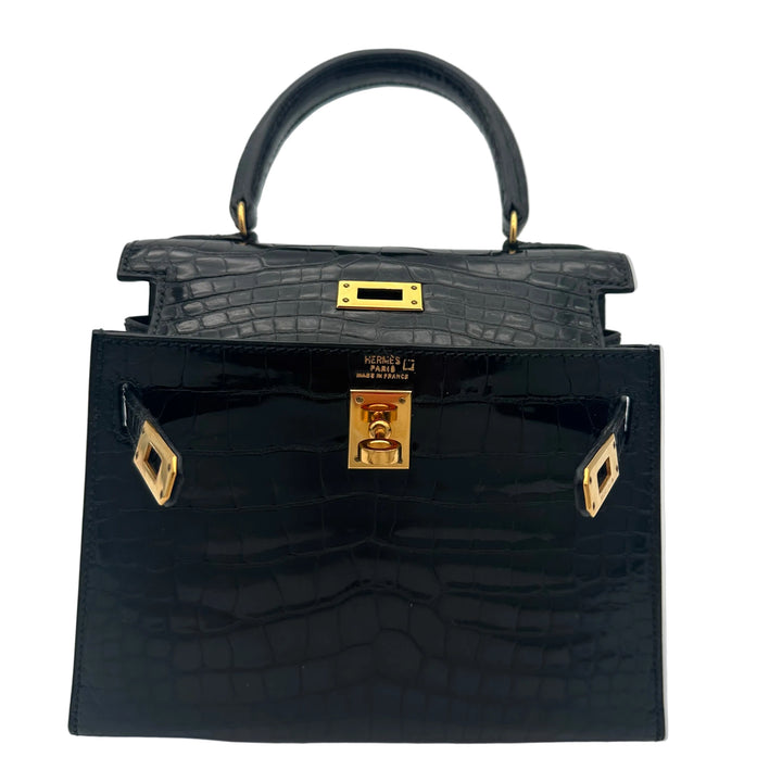 Hermes Kelly 20 Vintage Alligator Leder Schwarz Hardware Gold