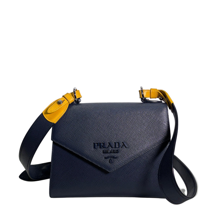 Prada Tasche 97 Crossbody Logo Leder Monochrome Saffiano Leder Naviblau Gelbe Details Hardware Silber