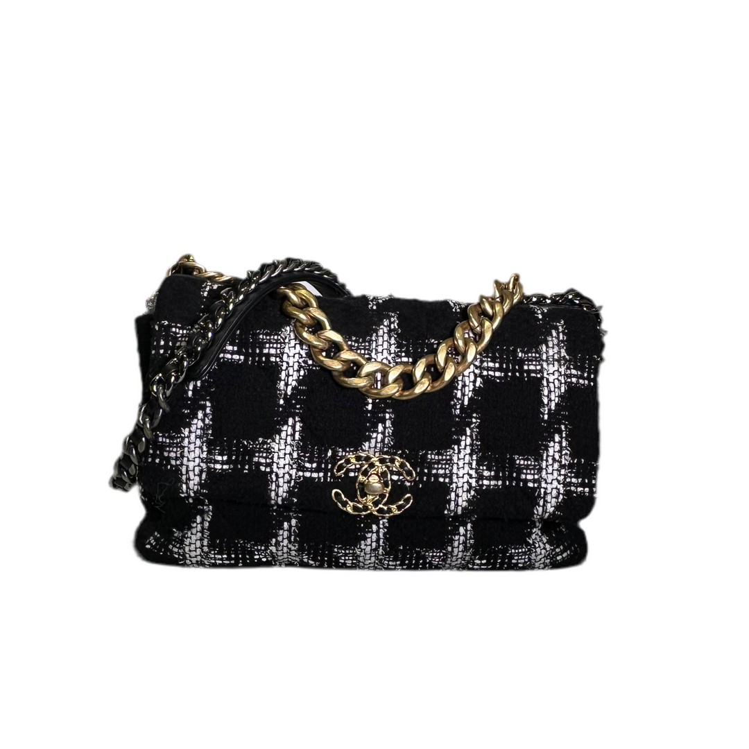 Chanel Tasche 19 Tweed Groß Schwarz Weiß Hardware Gold/Silber Eloxiert