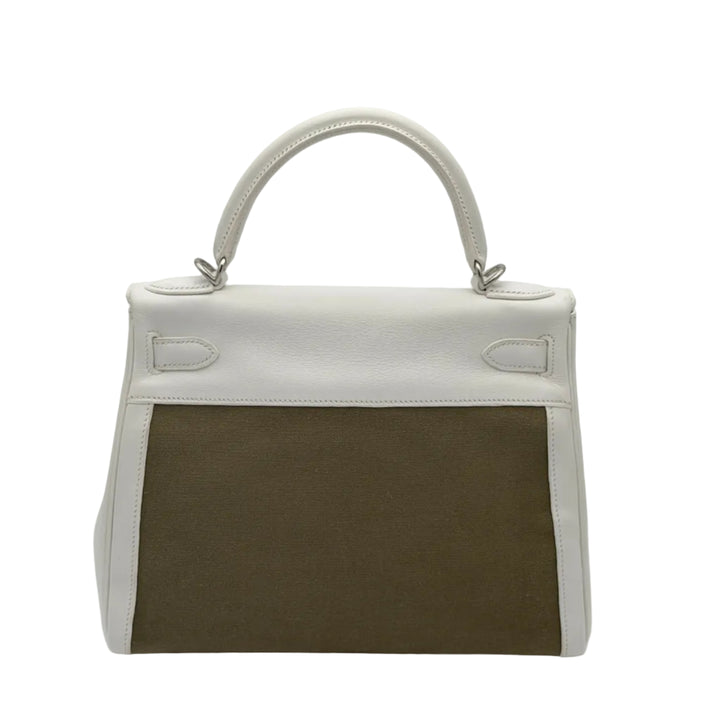Hermes Kelly 28 Retourne Toile Gulliver Leder Weiß Canvas Vert Olive  Hardware Palladium