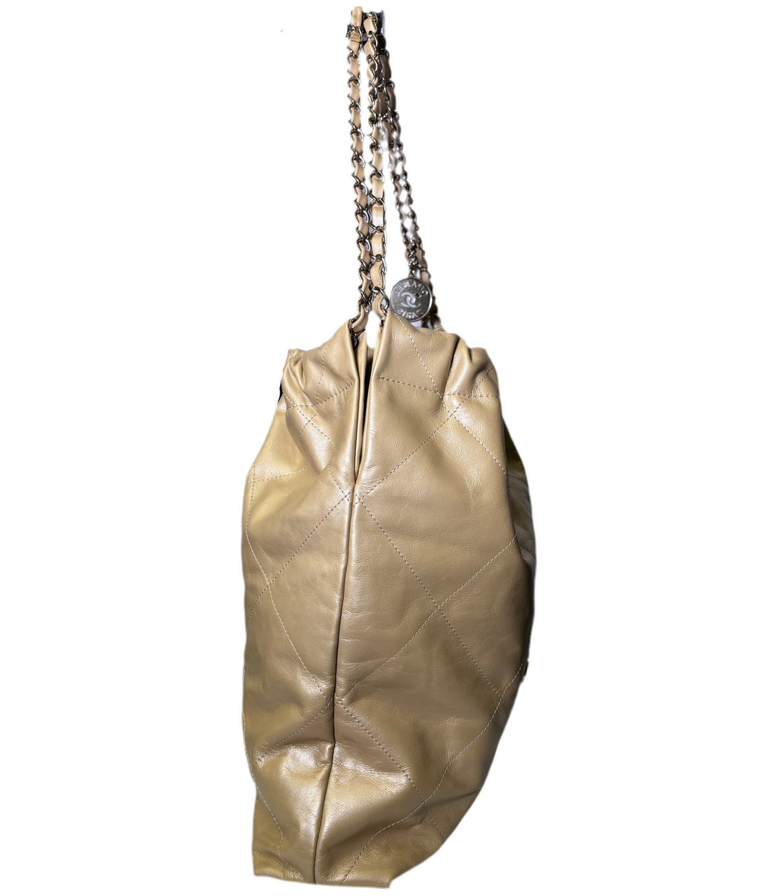 Chanel Tasche 22 Leder Beige Metallic Hardware Eisgold mit Pochette