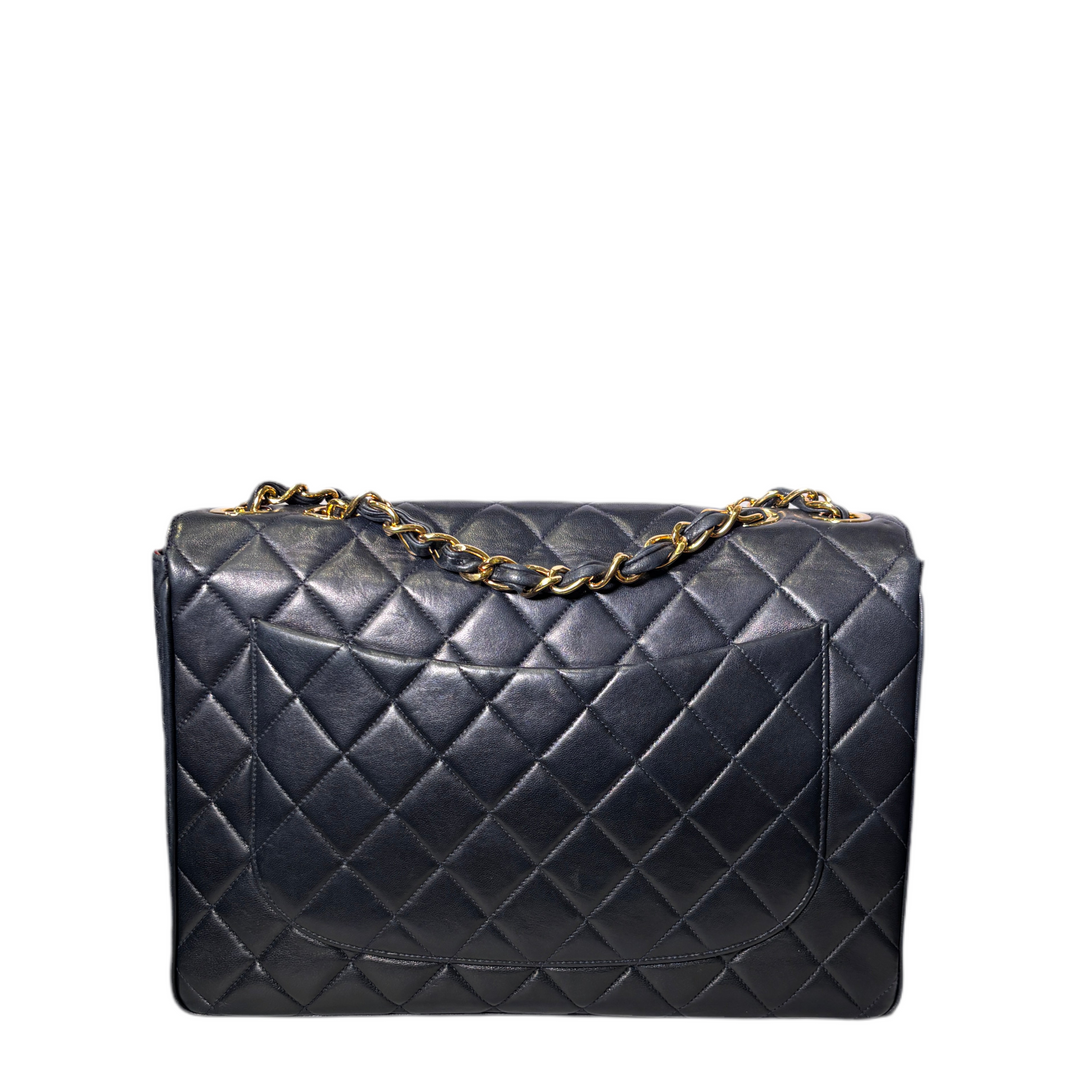 Chanel Tasche Classic Single Flap Vintage Jumbo Leder Dunkelblau Hardware Gold