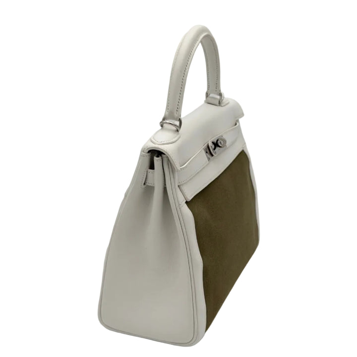 Hermes Kelly 28 Retourne Toile Gulliver Leder Weiß Canvas Vert Olive  Hardware Palladium