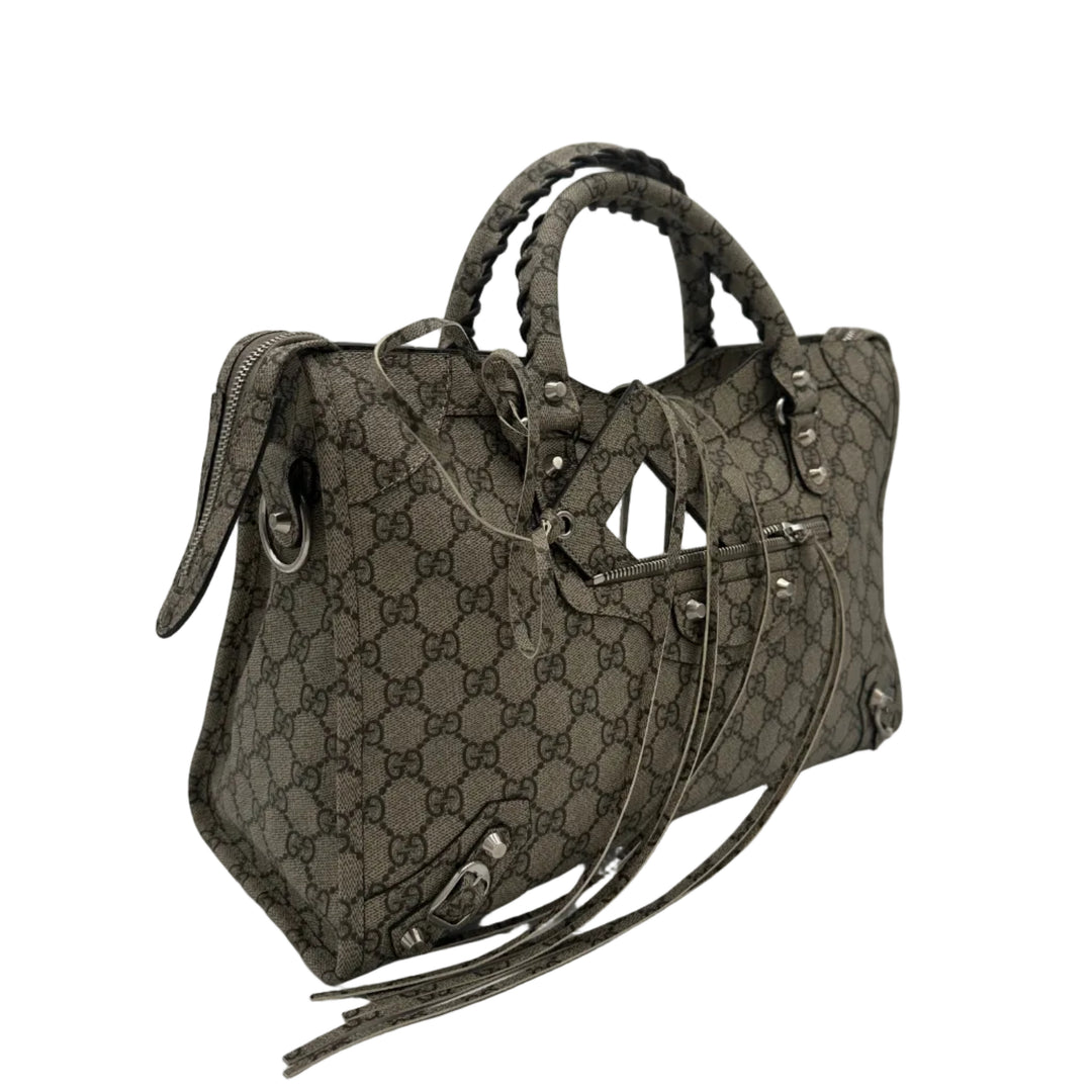 Balenciaga X Gucci City Tasche GG Monogram Beige Hardware Silber mit Schultergurt und Spiegel