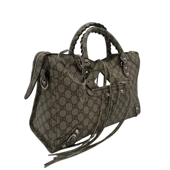 Balenciaga X Gucci City Tasche GG Monogram Beige Hardware Silber mit Schultergurt und Spiegel