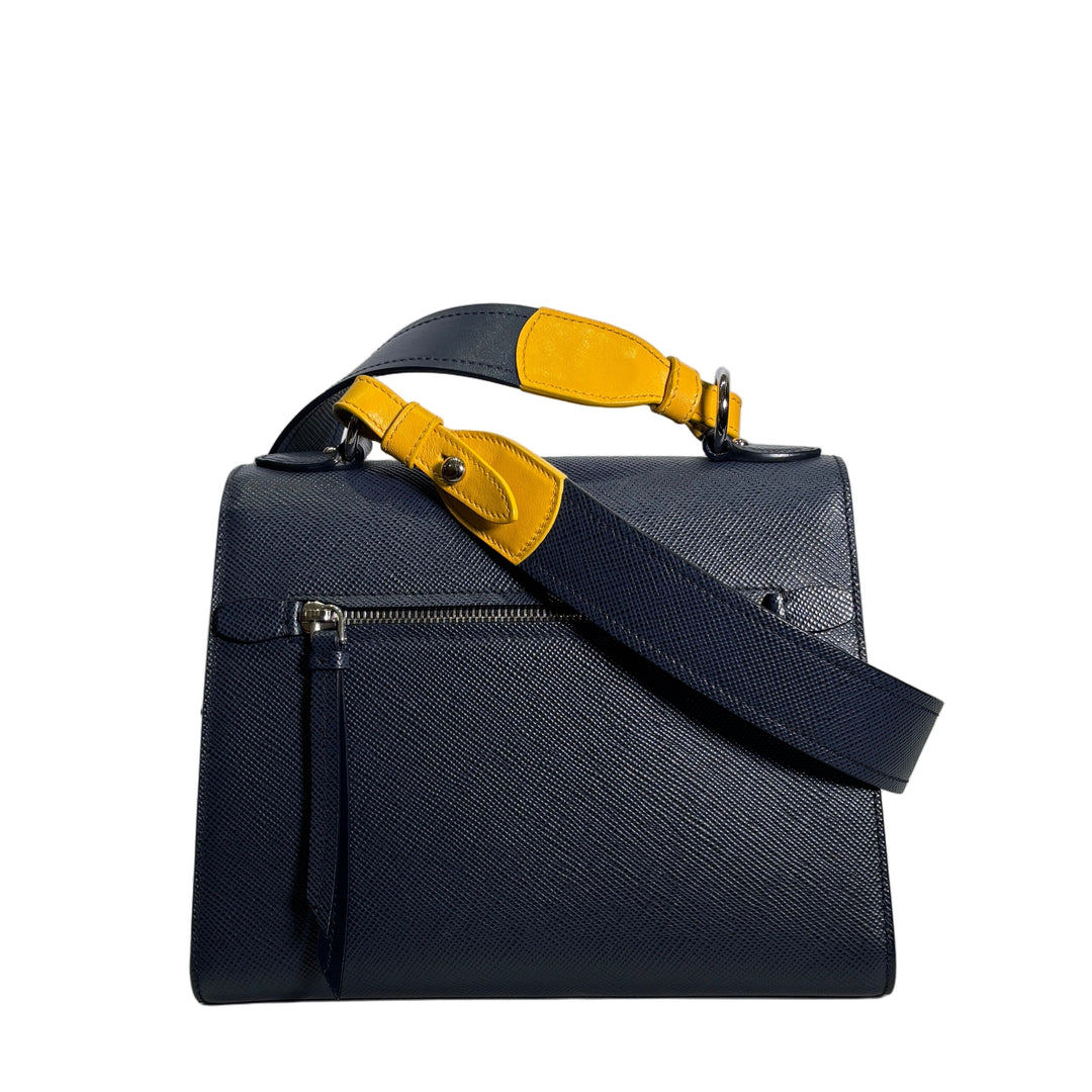 Prada Tasche 97 Crossbody Logo Leder Monochrome Saffiano Leder Naviblau Gelbe Details Hardware Silber