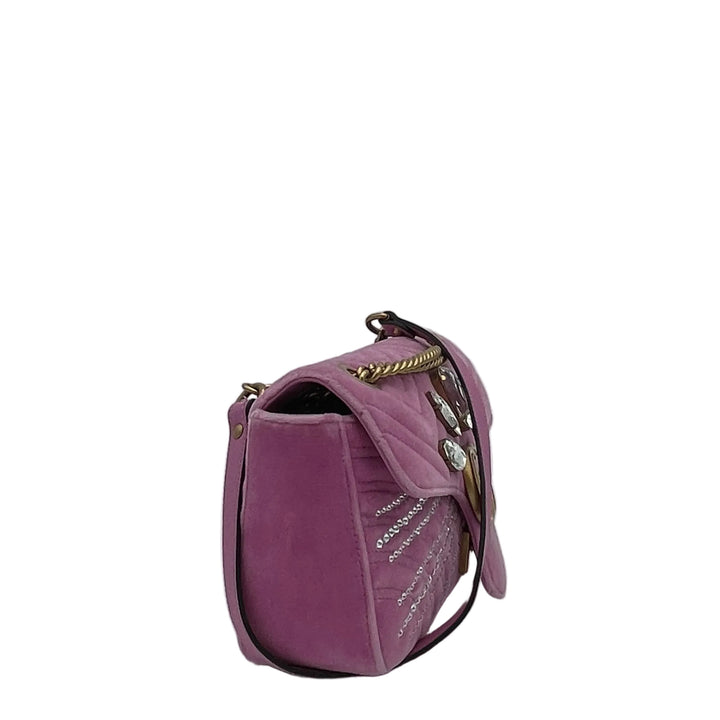 Gucci Tasche GG Marmont Chain Velour Samt Pink mit Straßsteinen weiß Hardware Bronze