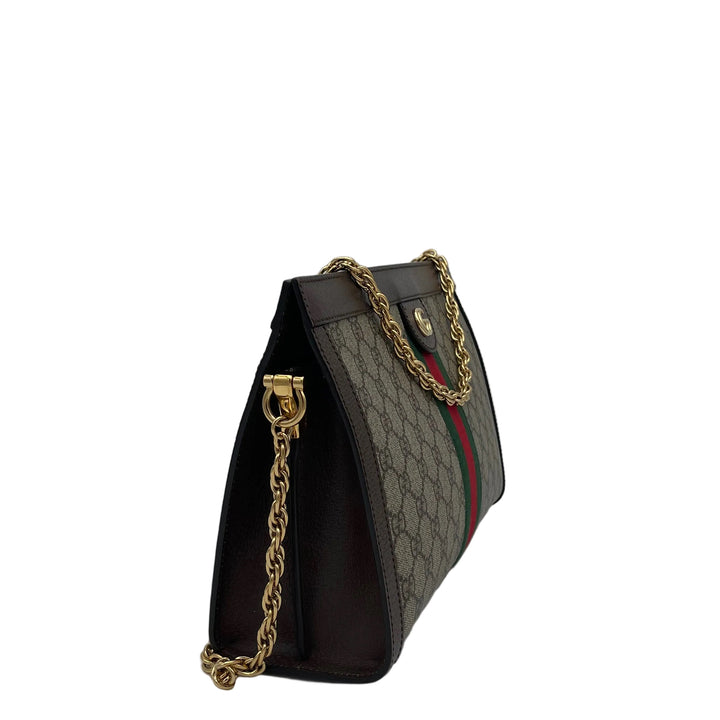 Gucci Tasche Ophidia Chain GG Supreme Canvas Monogram Leder Braun Band Rot/Grün mit Kettenriemen