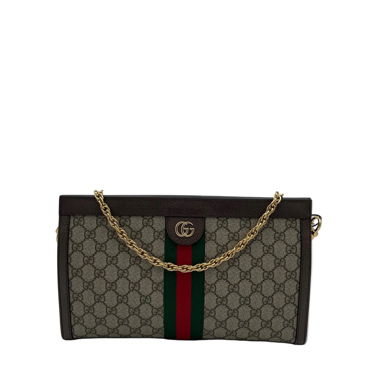 Gucci Tasche Ophidia Chain GG Supreme Canvas Monogram Leder Braun Band Rot/Grün mit Kettenriemen