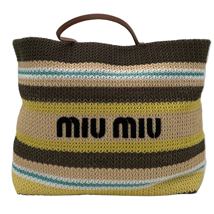 Miu Miu Shopper Tote Bag Raffia Gestreift Tundra Limone Natural Logo Schwarz