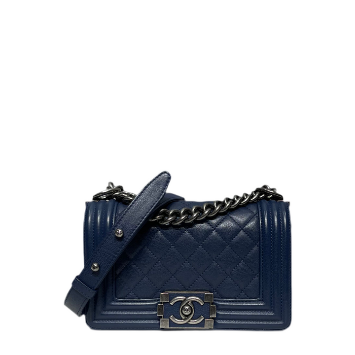Chanel Boy Tasche Klein Caviar Leder Blau Silber EloxiertI D = 2016/2017
