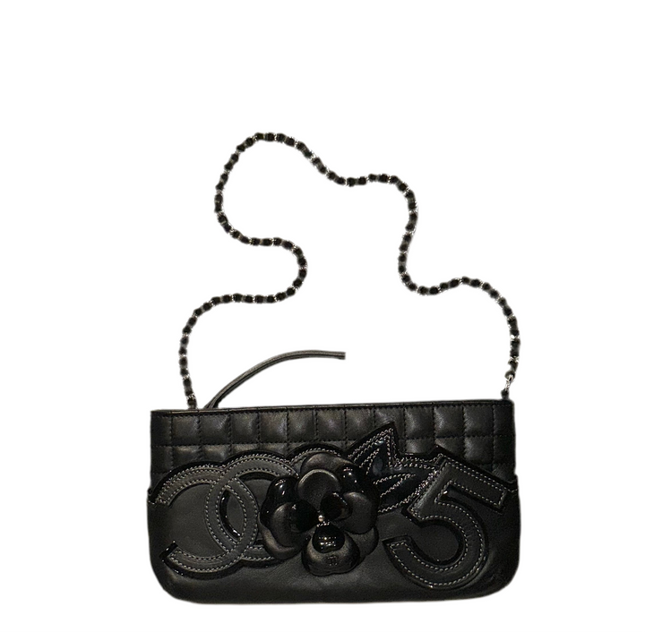 Chanel Black Camelia No. 5 Stab Cambon Leder Schwarz Hardware Silber