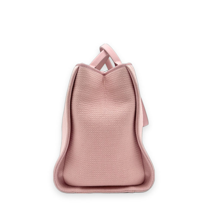 Chanel Shoulder Deauville Tote Bag Medium Canvas Leder Pink mit Pochette Hardware Silber