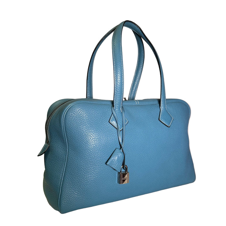 Hermes Victoria 36 Clemence Leder Jeansblau Hardware Palladium