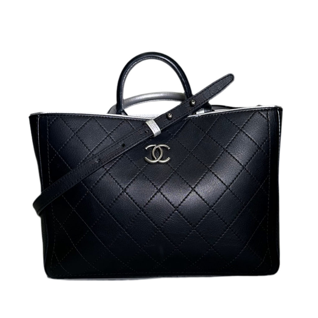 Chanel Bi-color Stitched Shopping Tote Tasche Leder schwarz Silber Hardware  Silber
