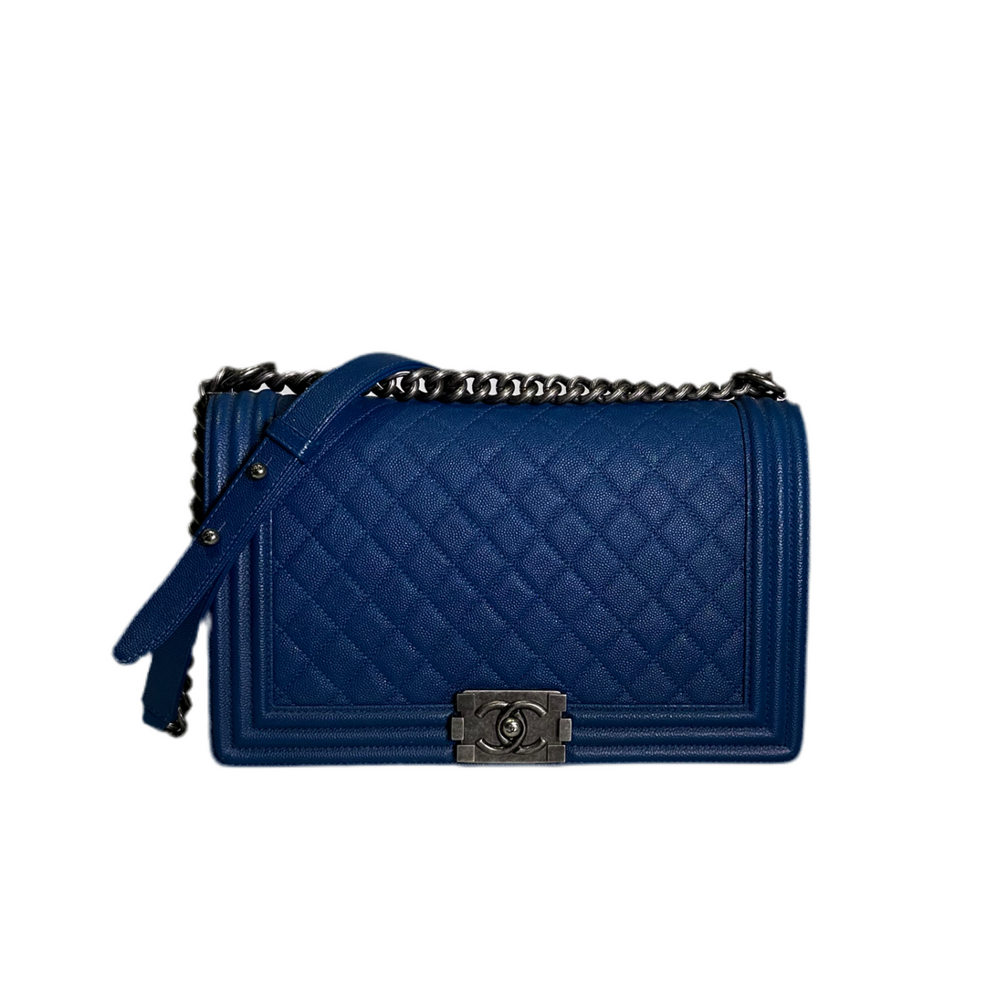 Chanel Tasche Boy 28 Caviar Leder blau Hardware Silber Eloxiert