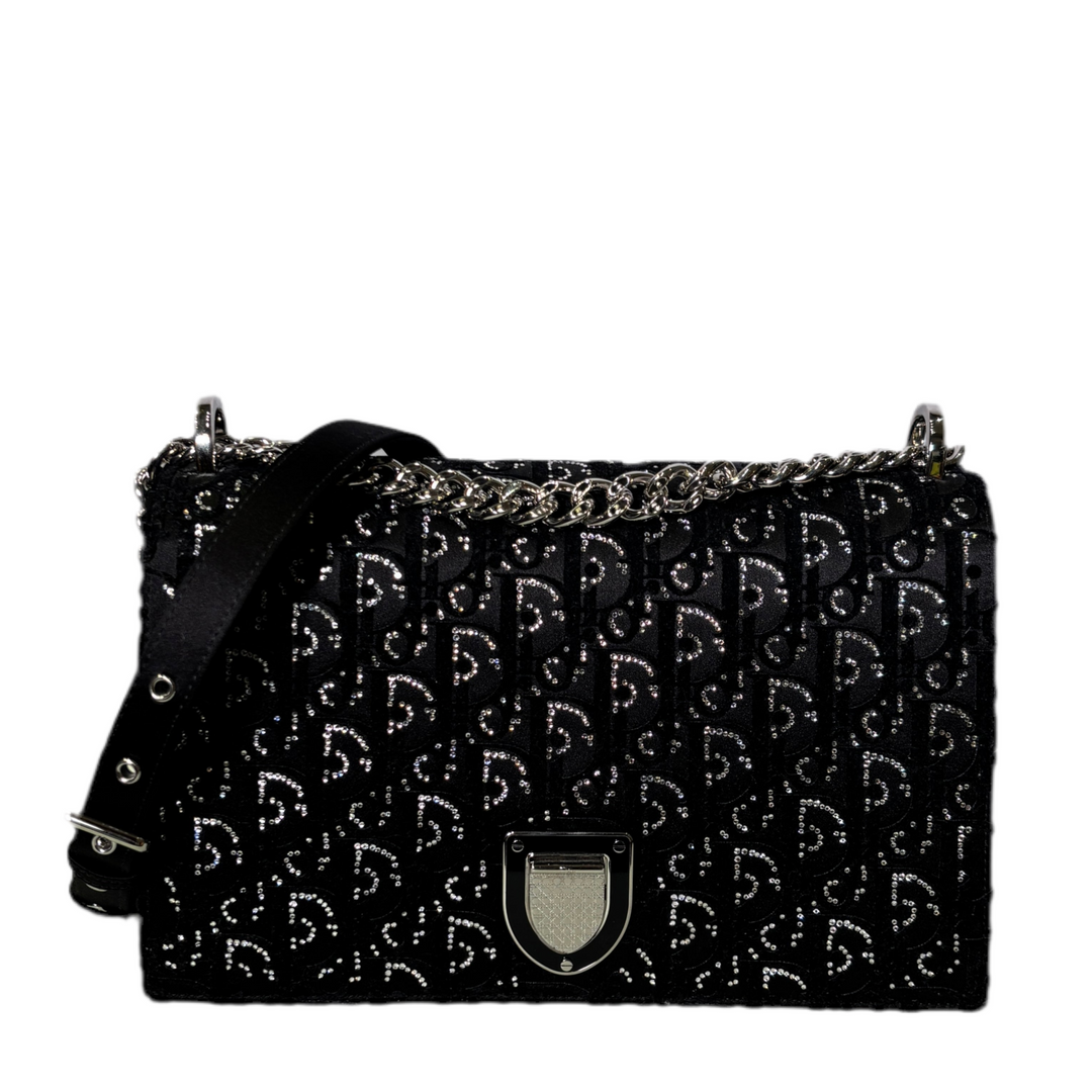 Christian Dior Tasche Diorama Oblique Medium Samt Schwarz Swarowski Steine Hardware Silber ewa lagan secondhand frankfurt