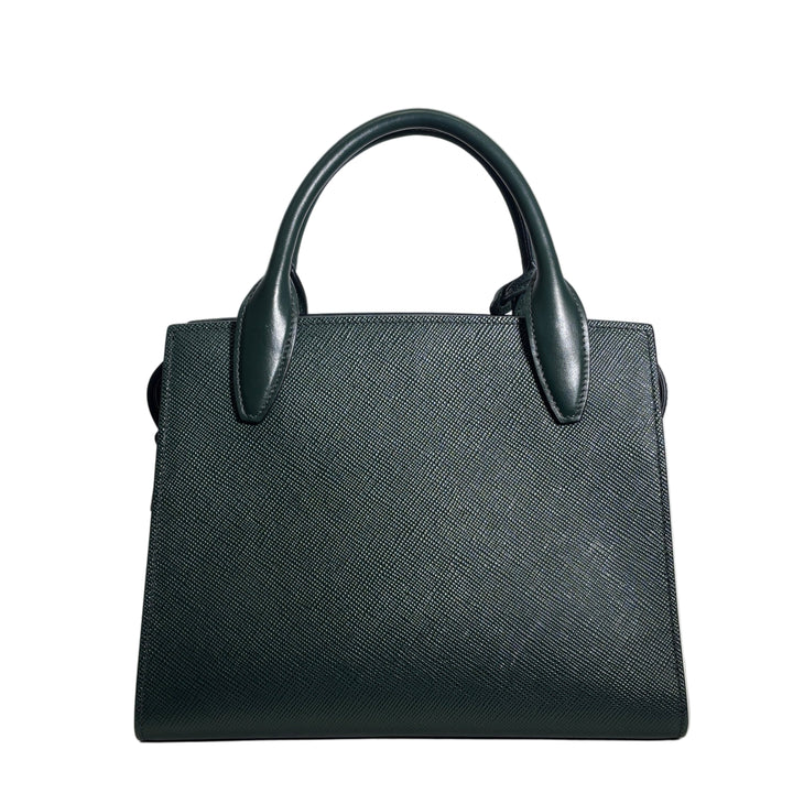 Prada Tasche 2way Saffiano Glattleder Dunkelgrün Logo Hardware Silber Schulterriemen
