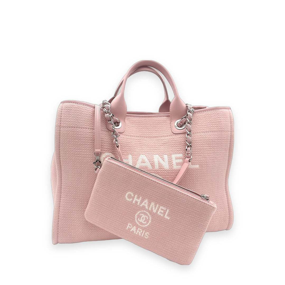 Chanel Shoulder Deauville Tote Bag Medium Canvas Leder Pink mit Pochette Hardware Silber