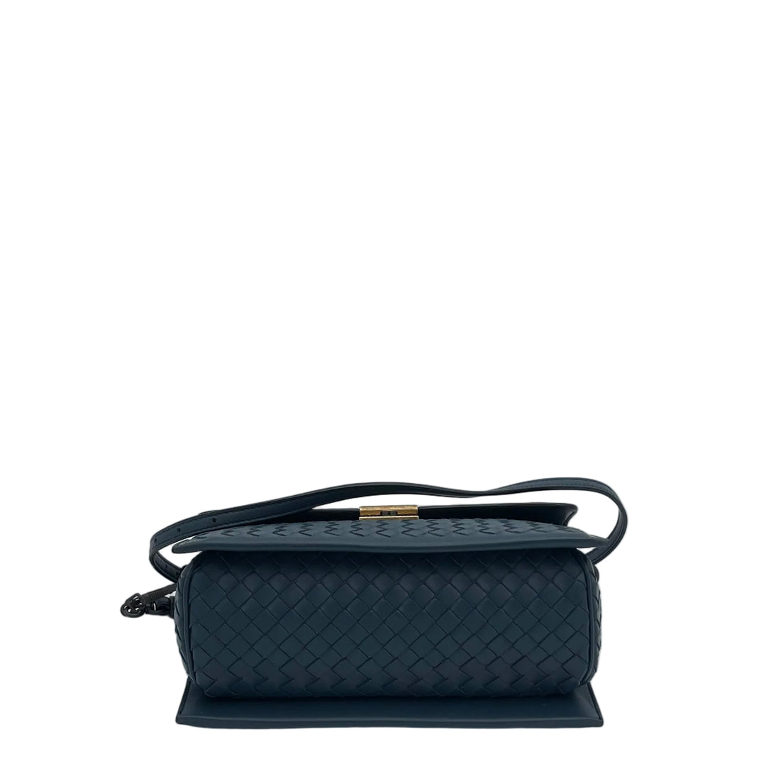 Bottega Veneta Tasche Pad Lock Bag Small Leder Blau Geflochten Hardware Gold Eloxiert mit Schultergurt