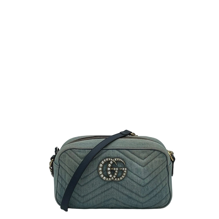 Gucci Tasche GG Marmont Matelasse Pearly Denim/ Leder Blau Kette Gold