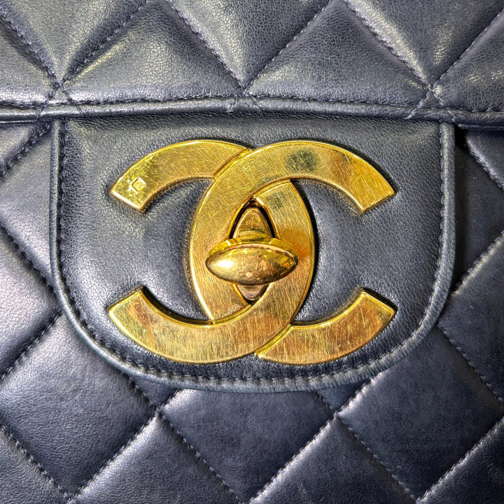 Chanel Tasche Classic Single Flap Vintage Jumbo Leder Dunkelblau Hardware Gold