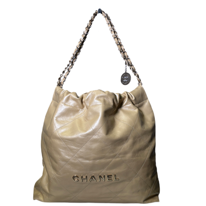 Chanel Tasche 22 Leder Beige Metallic Hardware Eisgold mit Pochette