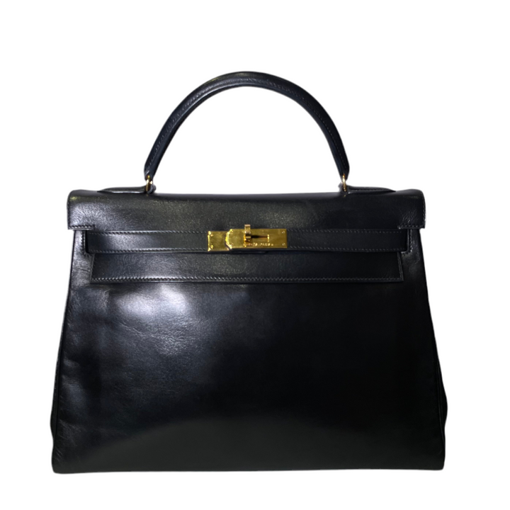 Hermes Kelly 32 Retourne Box Leder Schwarz Hardware Gold